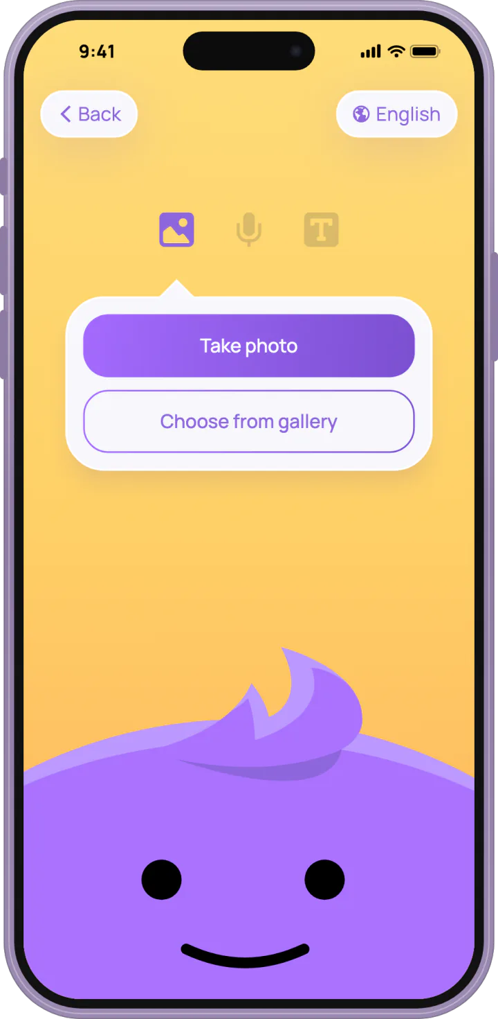 The LuniMuni Create screen on an iPhone in Photo mode: Choose from gallery is tapped, a child's painting of a gray teddy bear lands on a little print, Luni makes an ooh face, and a finger taps the Make my story button.