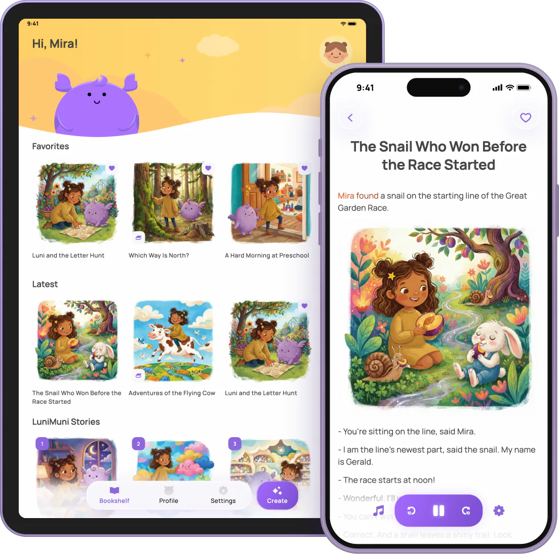 A LuniMuni story open on iPhone, in front of a child's LuniMuni bookshelf on iPad